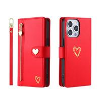 Coque de téléphone en Cuir véritable pour iphone 15/15pro / 15pro Max / 15 Plus, dragonne, Porte-Carte à Fermeture éclair dorée, Housse de Protection Anti-Chute d’Amour Tout Compris, 15, rou