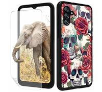 Coque de téléphone Galaxy A13 5G pour Samsung Galaxy A13 5G avec protecteur d'écran en verre trempé fin - Noir - Motif tête de mort rose pour femme - Coque de protection anti-chocs pour Samsung A13 5G