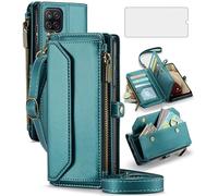 Coque de téléphone pour Samsung Galaxy A12/M12 - Étui portefeuille à fermeture éclair avec protection d'écran en verre trempé et bandoulière - Blocage RFID - Porte-cartes de crédit - Cellule A 12 5G A