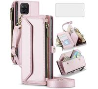 Coque de téléphone pour Samsung Galaxy A12/M12 - Étui portefeuille à fermeture éclair avec protection d'écran en verre trempé et bandoulière - Blocage RFID - Porte-cartes - Cellule A 12 5G A-12 S12