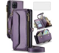 Coque de téléphone pour Samsung Galaxy A12/M12 - Étui portefeuille à fermeture éclair avec protection d'écran en verre trempé et bandoulière - Blocage RFID - Porte-cartes - Cellule A 12 5G A-12 S12