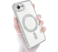 Coque de téléphone transparente avec diamants Gitter, compatible avec iPhone 17 Pro Max 16 15 14 13 12 11 Pro 14 Plus 17 E, prend en charge la charge sans fil magnétique, avec protection pare-chocs iP