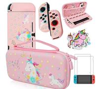 Coque de transport licorne rose compatible avec Nintendo Switch avec coque de protection compatible avec station d'accueil + protecteur d'écran + autocollants licorne, kit d'accessoires pour filles