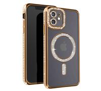 Coque Diamant pour iPhone 12 Protection MagSafe Contour Strass Dorée