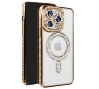 Avizar Coque Diamant pour iPhone 14 Pro Contour Strass Dorée