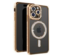 Avizar Coque Diamant pour iPhone 15 Pro Protection Contour Strass Dorée