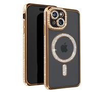 Avizar Coque Diamant pour iPhone 15 Protection Contour Strass Dorée