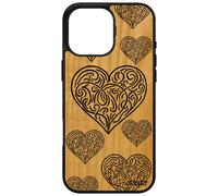 Coque en bois pour iPhone 16 pro max silicone coeur noir amour unique art 4G amitie tribal love etui de luxe cadeau saint valentin Apple