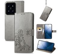 Coque En Cuir Embossé À Fermoir Quatre Feuilles Pour Xiaomi 14, Gris