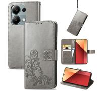 Coque En Cuir Embossé À Fermoir Quatre Feuilles Pour Xiaomi Redmi Note 13 Pro 4g, Gris