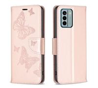 Coque En Cuir Embossée Pour Nokia G22 Avec Deux Papillons, Or Rose