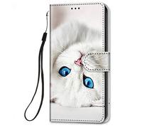 Coque en Cuir pour Huawei Y6 2019 / Honor 8A à Rabat et Folio Portefeuille pour Filles Garçons Femmes Hommes, Housse Cuir Fentes pour Cartes Étui Antichoc 360 Degrés Cover Silicone - Chat Blanc