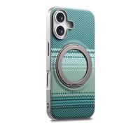 COQUE en Fibre de Carbone pour Apple iPhone 16, Cadre argenté, Tissu en Fibre d'aramide, Support magnétique Rotatif à 360° avec Son de clic, de Protection Afterglow-Vert