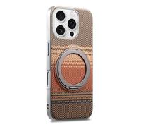COQUE en Fibre de Carbone pour Apple iPhone 16 Pro, Cadre argenté, Tissu en Fibre d'aramide, Support magnétique Rotatif à 360° avec Son de clic, de Protection Afterglow-Brun
