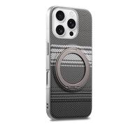 COQUE en Fibre de Carbone pour Apple iPhone 16 Pro Max, Cadre argenté, Tissu en Fibre d'aramide, Support magnétique Rotatif à 360° avec Son de clic, de Protection Afterglow-Noir