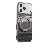 COQUE en Fibre de Carbone pour Apple iPhone 17 Pro Max, Cadre argenté, Tissu en Fibre d'aramide, Support magnétique Rotatif à 360° avec Son de clic, de Protection Afterglow-Noir