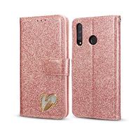 Coque en PU Cuir Huawei P30 Lite Housse Portefeuille a Clapet Glitter Strass Etui à rabat Briller Or rose for Girls Pochette en Cuir Flip Couleur Solide L'amour Motif Coquille pour Huawei P30 Lite