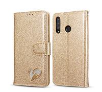 Coque en PU Cuir Huawei P30 Lite Housse Portefeuille a Clapet Glitter Strass Etui à rabat Briller Or for Girls Pochette en Cuir Flip Couleur Solide L'amour Motif Coquille pour Huawei P30 Lite