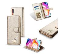 Coque en PU Cuir Samsung Galaxy A50 Housse Portefeuille a Clapet ,Glitter Strass Etui à rabat Briller Or for Girls Pochette en Cuir Flip Couleur Solide L'amour Motif Coquille pour Galaxy A50