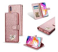 Coque en PU Cuir Samsung Galaxy A70 Housse Portefeuille a Clapet ,Glitter Strass Etui à rabat Briller Or rose for Girls Pochette en Cuir Flip Couleur Solide L'amour Motif Coquille pour Galaxy A70