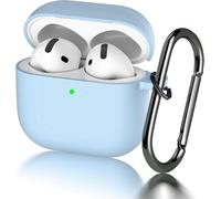 Coque en silicone anti-choc pour AirPods 4 (2024) avec LED avant visible, compatible recharge sans fil, mousqueton - Bleu clair