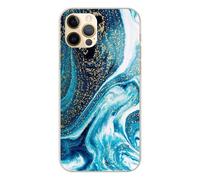 Coque En Silicone - Compatible Apple Iphone 12 Pro - Design Marbre Bleu Paillete
