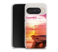 Coque en Silicone Compatible avec Google Pixel 10 Etui Silicone Coque Souple Coucher du Soleil Barque Mer
