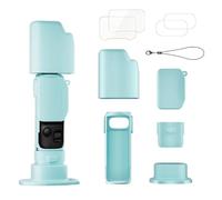Coque en silicone compatible avec Insta360 Luna Ultra, coque de protection souple avec protections d'écran en verre trempé, capuchon d'objectif, support de base en silicone, cyan, Simple et facile