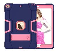 Coque en Silicone pour iPad 6/Air2/Pro9.7 avec béquille - Résistante aux Chocs - Résistante aux Chocs - Rigide Hybride - Trois Couches - Bleu Marine + Rose