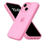 Coque en silicone pour iPhone 14 rose avec logo visible, contour rose et partie arrière transparente anti-jaunissement, protection 360°, flexible, compatible avec chargement sans fil