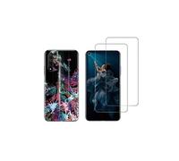 NOVAGO Compatible avec Huawei Honor 20 et Nova 5T -Pack de 2 Film Protection écran Verre trempé +1 Coque Souple Transparente et Résistante Anti Choc (Plumes)