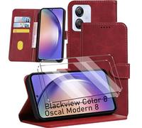 Coque et 2PCS Verre trempé Compatible with Oscal Modern 8 Coque de Protection étui Housse protège écran Antichoc [Housse en Cuir PU Premium] [Etui à Rabat] [Pochette de Portefeuille],Red