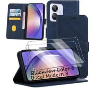 Coque et 2PCS Verre trempé Compatible with Oscal Modern 8 Coque de Protection étui Housse protège écran Antichoc [Housse en Cuir PU Premium] [Etui à Rabat] [Pochette de Portefeuille],Navy