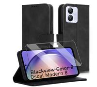 Coque et Verre trempé Compatible with Oscal Modern 8 Coque de Protection étui Housse protège écran Antichoc [Housse en Cuir PU Premium] [Etui à Rabat] [Pochette de Portefeuille],Noir
