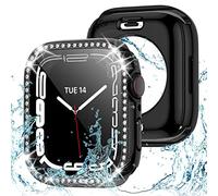Coque étanche 2 en 1 pour Apple Watch Series 8 7 de 41 mm, coque de protection à 360° en polycarbonate avec protection d'écran en verre trempé, coques Crystal Diamond iWatch pour femme, 41 mm, noir
