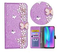 Coque Etui Housse pour Huawei P Smart 2020 Pochette Portable Etui PU Cuir Coque Violet Housse Inner Soft TPU Case with Card Slots Cover pour Fille Femme Couleur Solide Boucle de diamant Motif