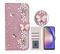 Coque Etui Housse pour Huawei Y5P Glitter Briller Or Rose Housse Rhinestone Shiny Phone Case PU Leather Flip Wallet Case with [Card Slots] for Huawei Y5P/Honor 9S Papillon et Fleur Diamant Motif