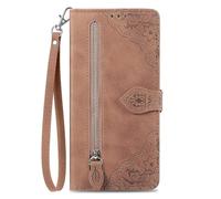 COQUE Étui Portefeuille à Fermeture éclair pour Blackview Color 6 avec Porte-Cartes et Cordon, Housse Detection Antichoc en Cuir PU à Motif Floral pour Blackview Color 6-Brun