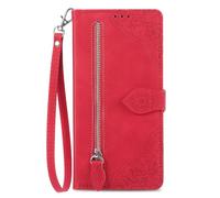 COQUE Étui Portefeuille à Fermeture éclair pour Blackview Color 6 avec Porte-Cartes et Cordon, Housse Detection Antichoc en Cuir PU à Motif Floral pour Blackview Color 6-Rouge