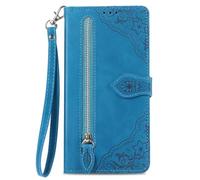 COQUE Étui Portefeuille à Fermeture éclair pour Honor X70 Pro avec Porte-Cartes et Cordon, Housse Detection Antichoc en Cuir PU à Motif Floral pour Honor X70 Pro-Bleu
