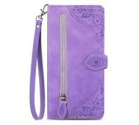 COQUE Étui Portefeuille à Fermeture éclair pour Honor X70 Pro avec Porte-Cartes et Cordon, Housse Detection Antichoc en Cuir PU à Motif Floral pour Honor X70 Pro-Violet