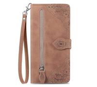 COQUE Étui Portefeuille à Fermeture éclair pour Honor X70 Pro avec Porte-Cartes et Cordon, Housse Detection Antichoc en Cuir PU à Motif Floral pour Honor X70 Pro-Brun