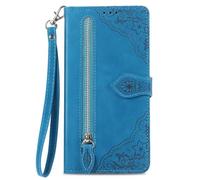 COQUE Étui Portefeuille à Fermeture éclair pour Nothing Phone (4a) Pro avec Porte-Cartes et Cordon, Housse Detection Antichoc en Cuir PU à Motif Floral pour Nothing Phone (4a) Pro-Bleu