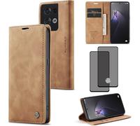 Coque Étui Portefeuille Compatible Oppo Reno8 Pro 5g ¿ Cuir Pu Marron Magnétique, 2 Emplacements Cartes + Poche Billets, Support Horizontal + 2 Verres Trempés Hd
