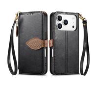 COQUE Étui Portefeuille pour Apple iPhone 17 Pro Max avec Porte-Cartes, Poche zippée, Boucle à Feuille, dragonne, étui à Rabat en Cuir PU pour Apple iPhone 17 Pro Max-Noir