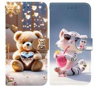 Coque Etui Portefeuille pour Oppo A5X PU Cuir à Rabat Housse（Lot de 2 avec Motif Petit Ours + Chaton Buvant du jus Design,avec Porte Cartes, Fonction de Support, Magnétique