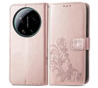 COQUE Étui Portefeuille pour Xiaomi 17 Ultra, avec Support et Emplacement pour Cartes, Motif trèfle, Cuir PU, Fermeture magnétique, de Protection Antichoc pour Xiaomi 17 Ultra-Or Rose