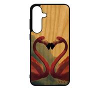 Coque flamand rose pour Samsung galaxy S25+ Plus bois naturel silicone oiseau unique nuage design animaux case ciel love amour coeur fr¿ne
