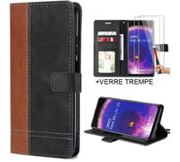 Coque Flip Case avec 2 Verres Trempés pour OPPO Find X5 Lite - Effect Cuir Noir-Marron