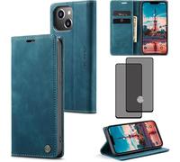 Coque Folio Cuir Synthétique Compatible Iphone 14 Plus (2022) - Étui Portefeuille Magnétique 2 Emplacements + Poche Billets, Support Horizontal + Verre Trempé Hd (Pack 2)